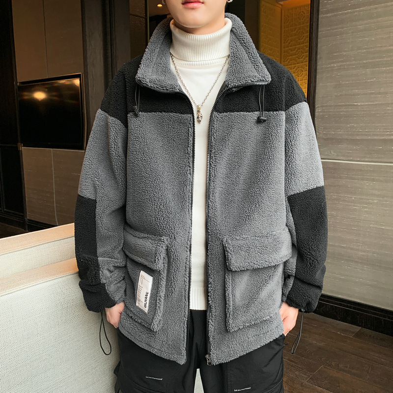 Lamb velvet stand-up collar color block boys cotton jacket - Image 2