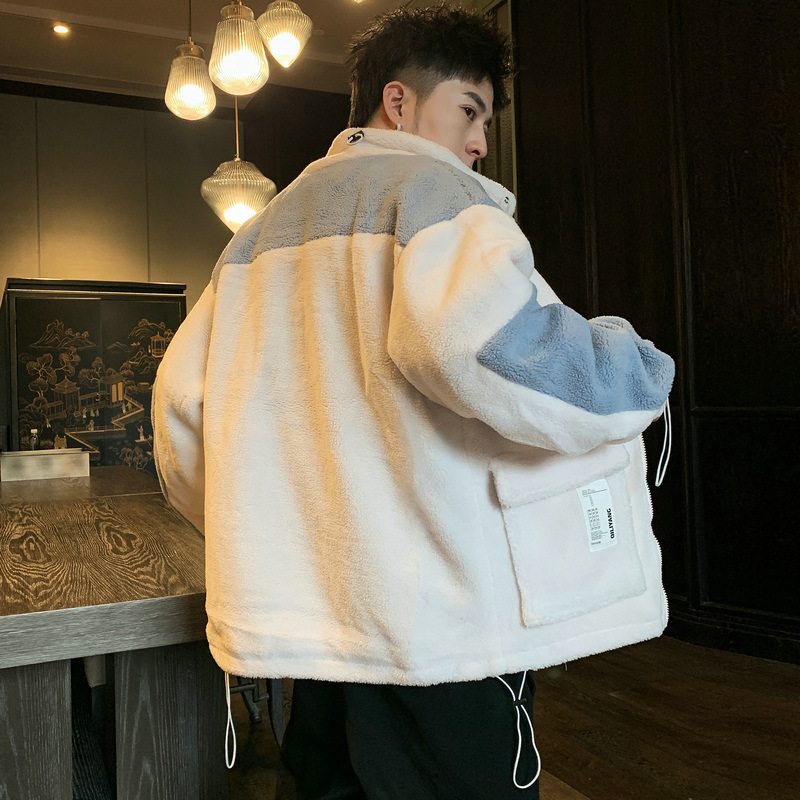 Lamb velvet stand-up collar color block boys cotton jacket - Image 3